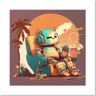 Old robot gets comfy with cup of coffee with orange bacground Posters and Art